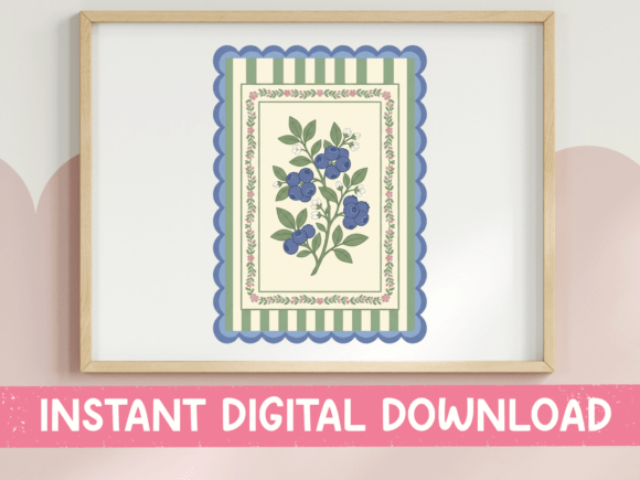 Blueberry Botanical Scalloped Print: A Heirloom Design Asset